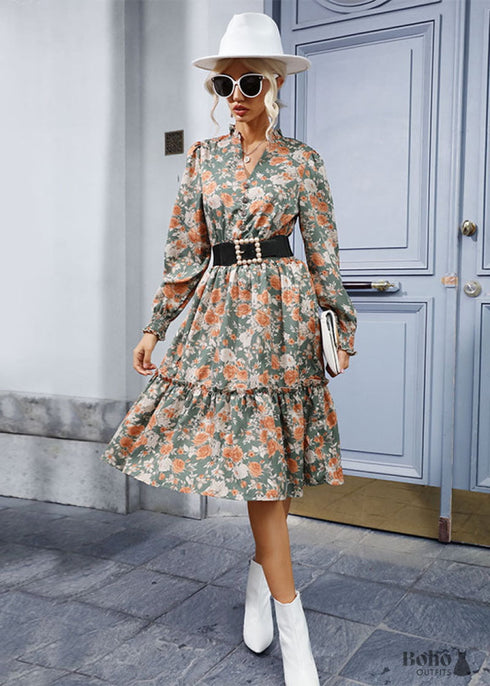 Vestido floral de manga larga de otoño 2024